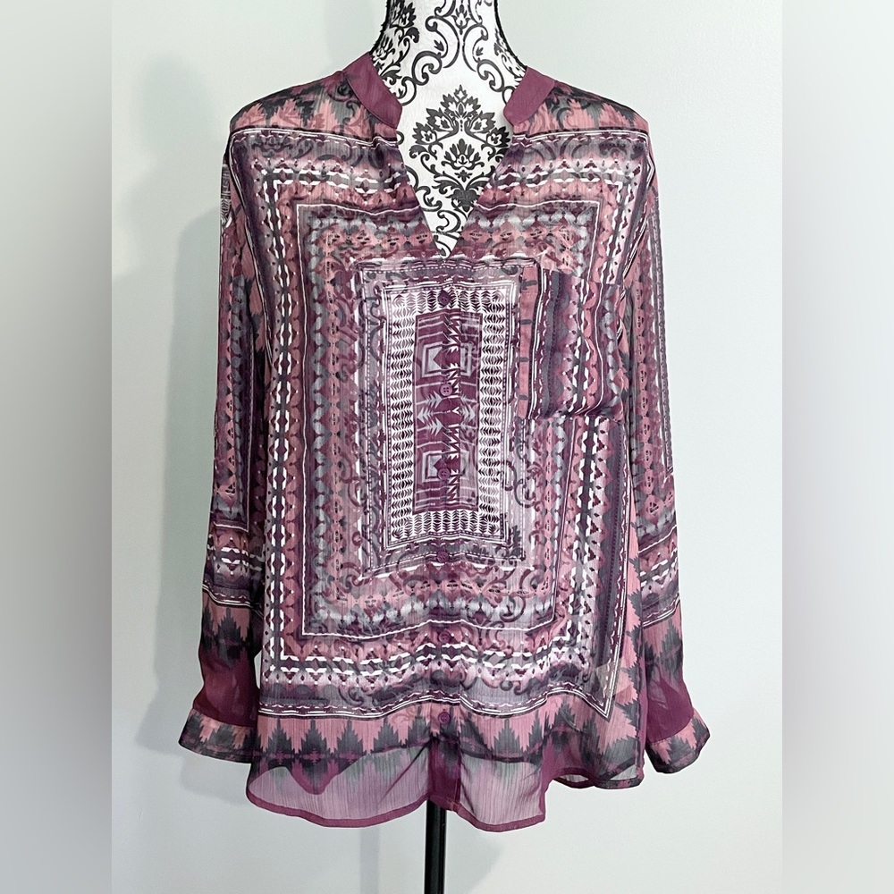 Staring at Stars Burgundy Aztec Sheer Boho Blouse Long Sleeves Women’s Sz M Top